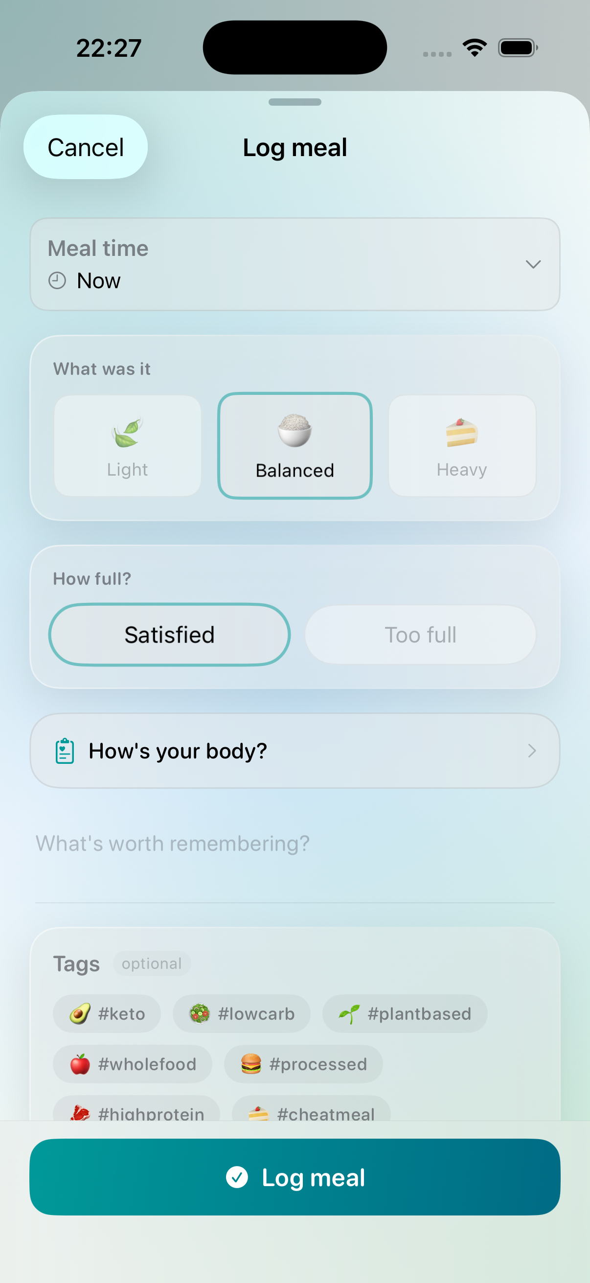 Ridma meal logging screen — quick mindful meal entry without calorie counting