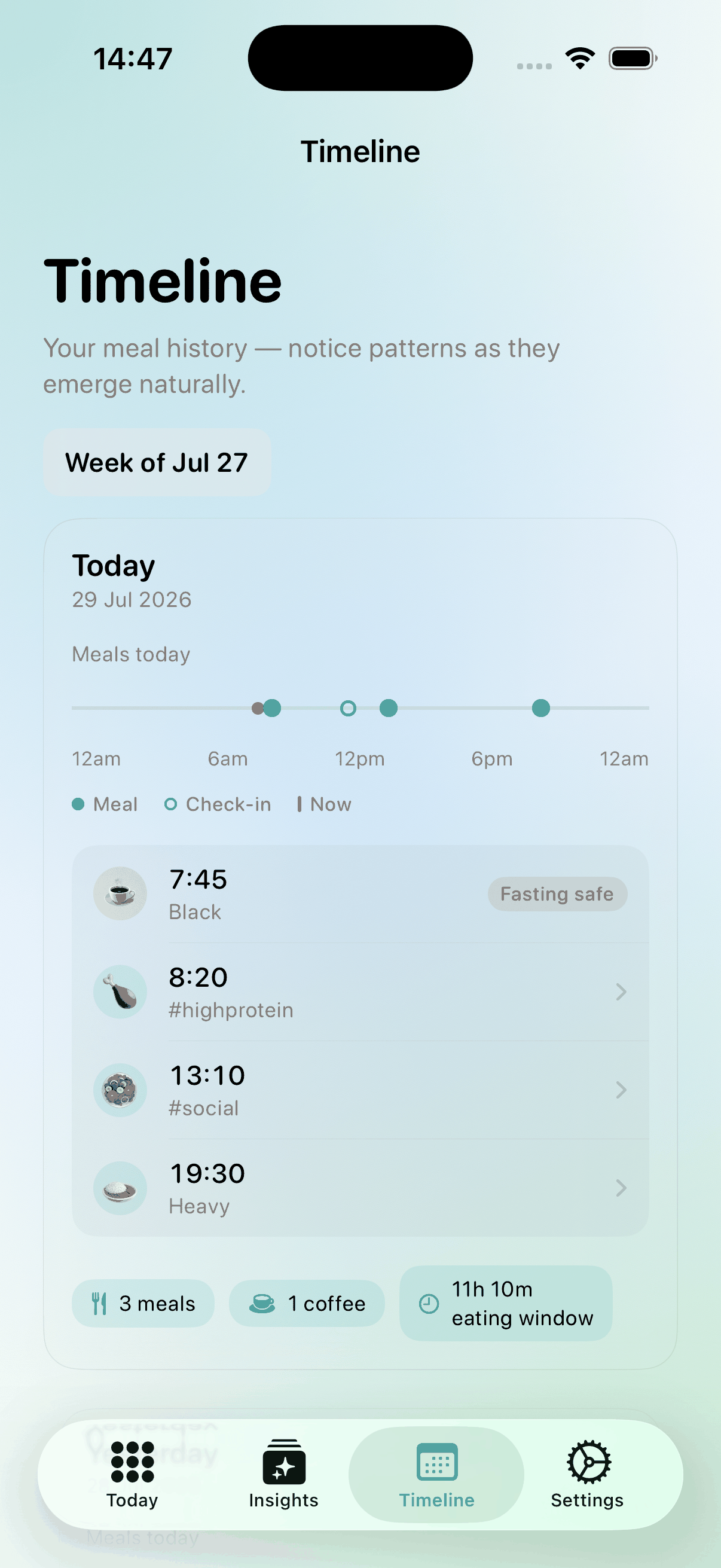 Ridma timeline showing a day of logged moments with times, tags and the day's eating window