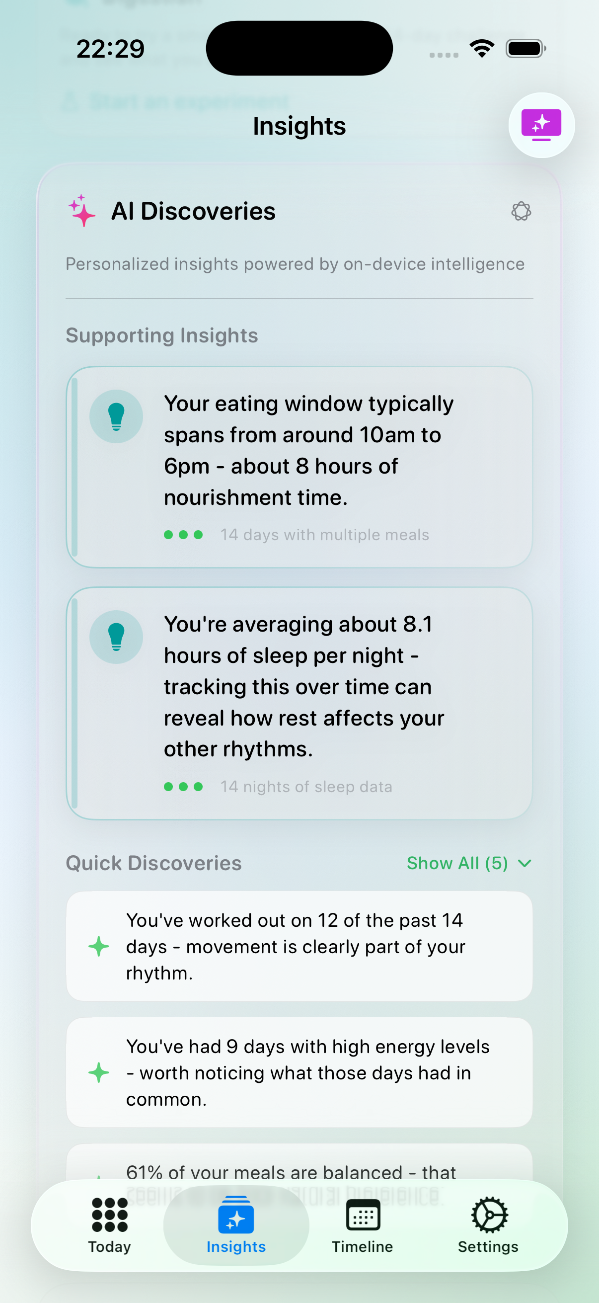 Ridma gentle AI insights screen showing eating patterns and correlations without judgment